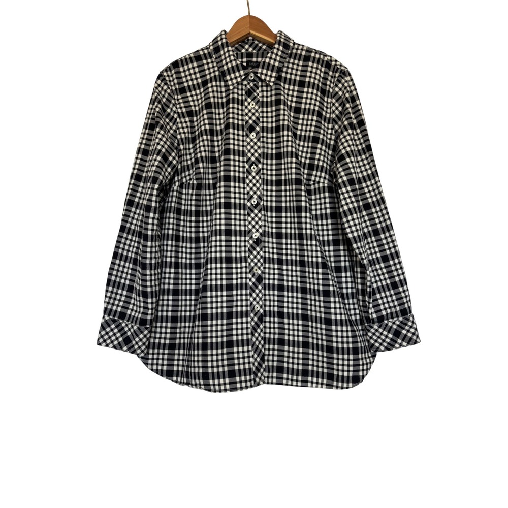 Talbots Plus Black White Plaid Metallic Button Down Shirt 1X Long Sleeve Cotton